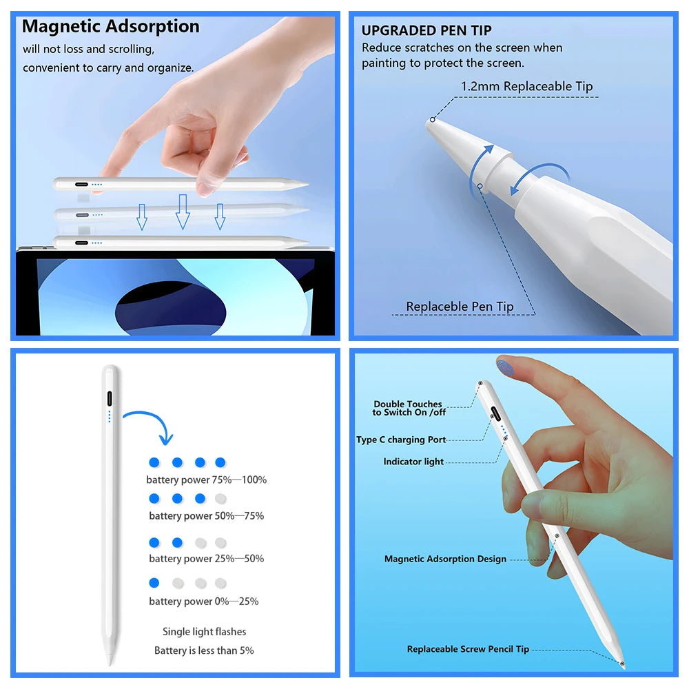 Stylus Pen for Apple Pencil - LED Power Indicators, Palm Rejection